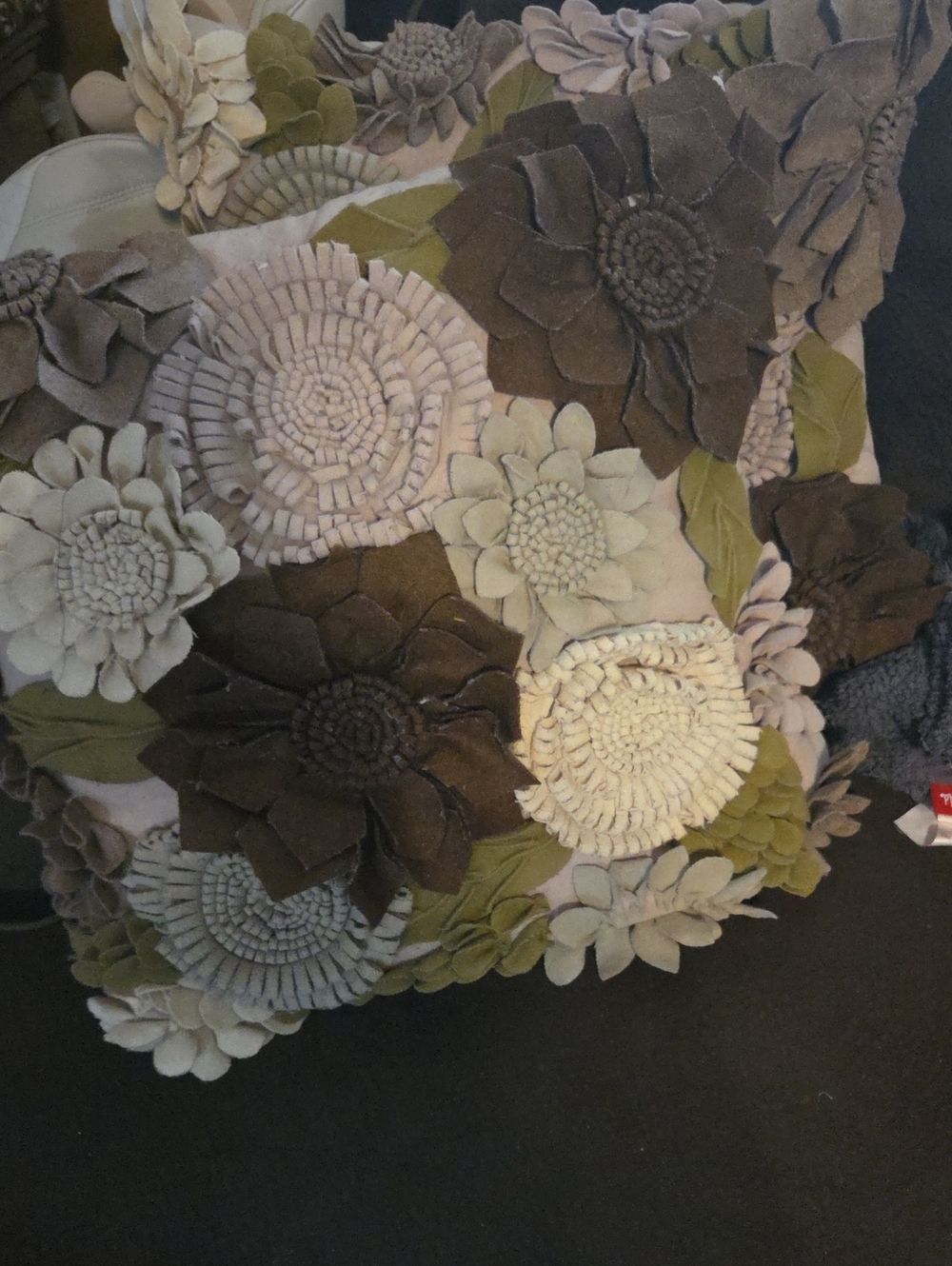 Decorative Floral Appliqué Throw Pillow in Brown, Green, Cream by